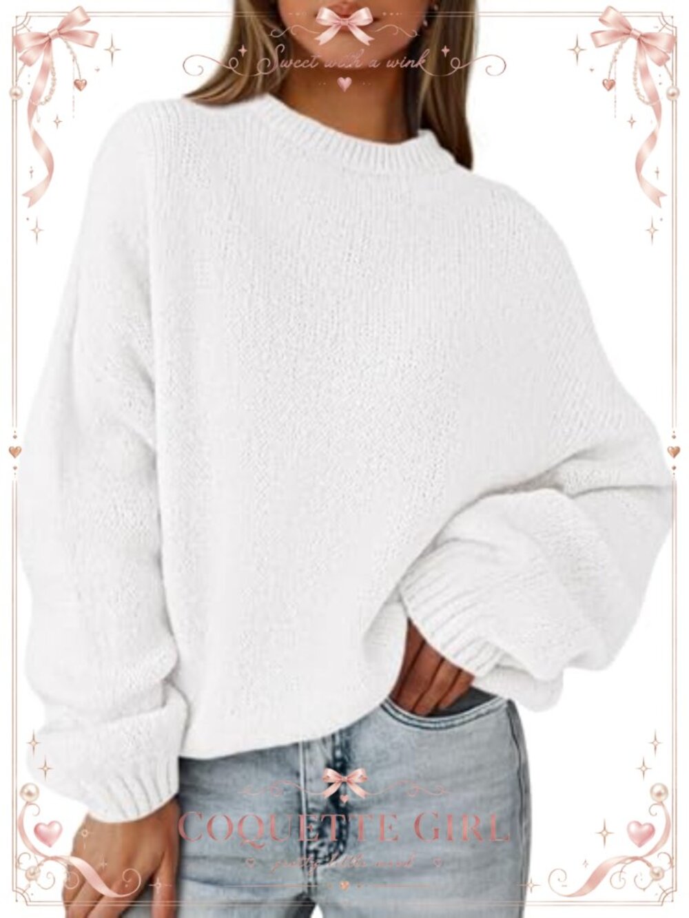 Womens Oversized Chunky Knit Pullover Sweater Drop Shoulder Lantern Sleeve